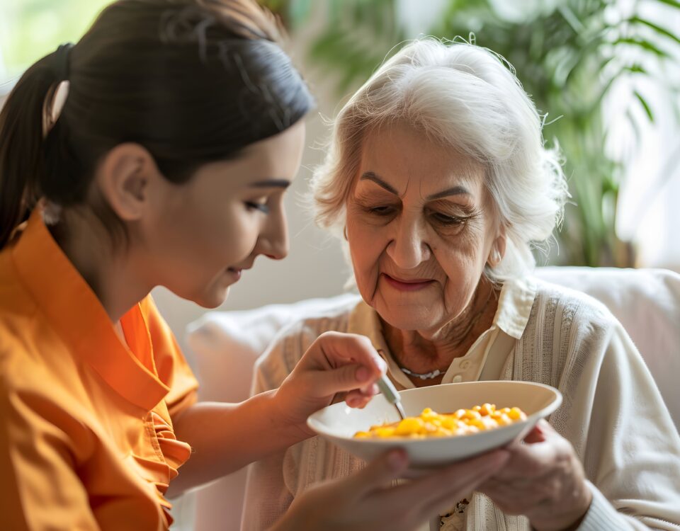 mulher ajudando idosa com disfagia a comer